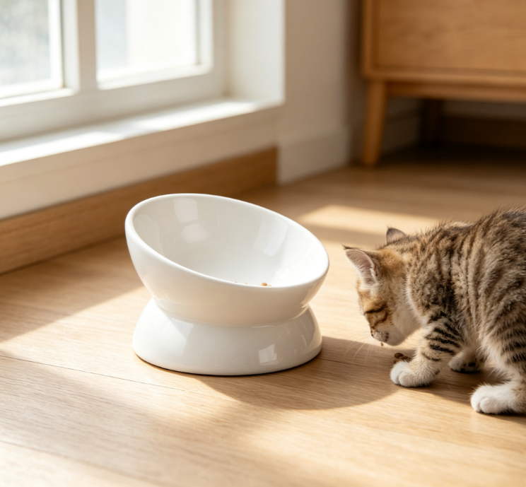 Tilted Elevated Ceramic Cat Bowl, Neck-Friendly Slanted Pet Feeder Bowl