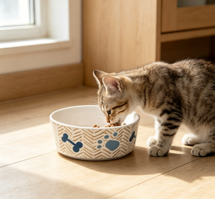 Patterned Ceramic Pet Food Bowl with Non-Slip Base, Suitable for Cats and Small Dogs