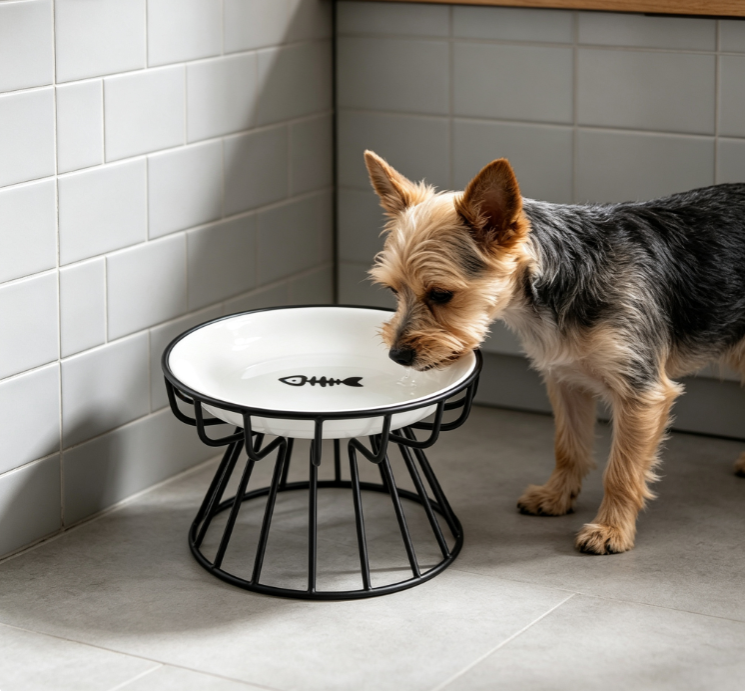 Ceramic Pet High Bowl with Black Metal Stand, Small Pet High-Legged Feeder