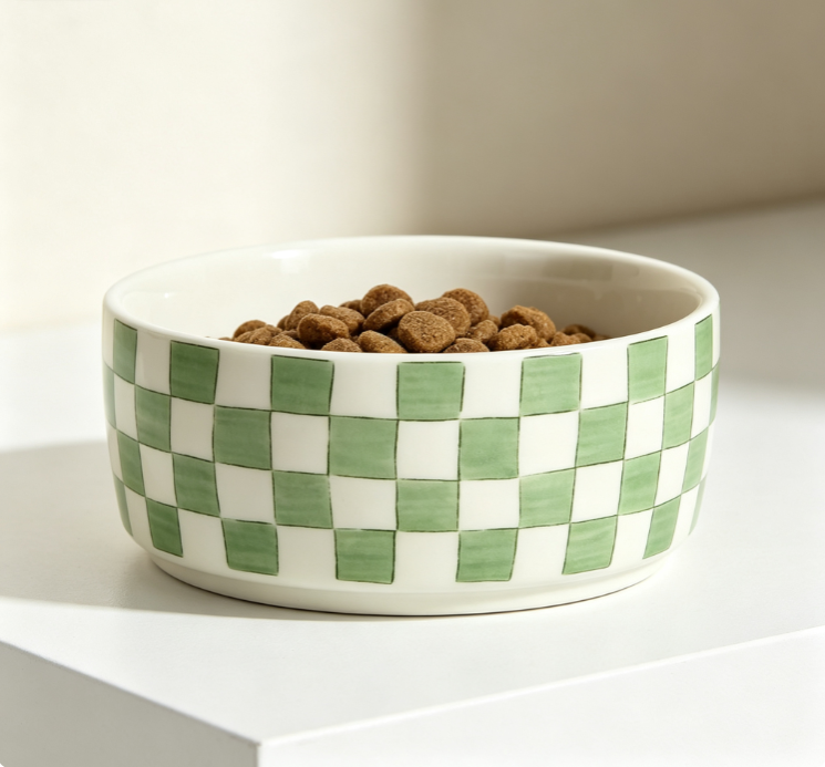 Green Checkerboard Ceramic Pet Bowl, Thickened Anti-Tipping Feeding Bowl - Image 2