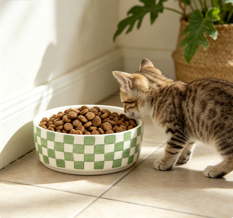 Green Checkerboard Ceramic Pet Bowl, Thickened Anti-Tipping Feeding Bowl