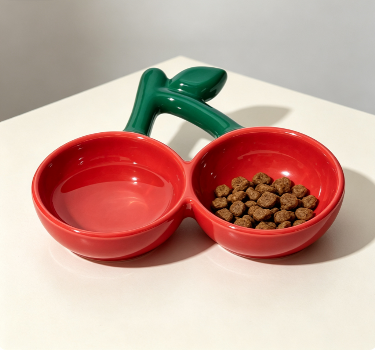 Adorable Cherry-Shaped Two-Compartment Ceramic Pet Bowl - Image 2