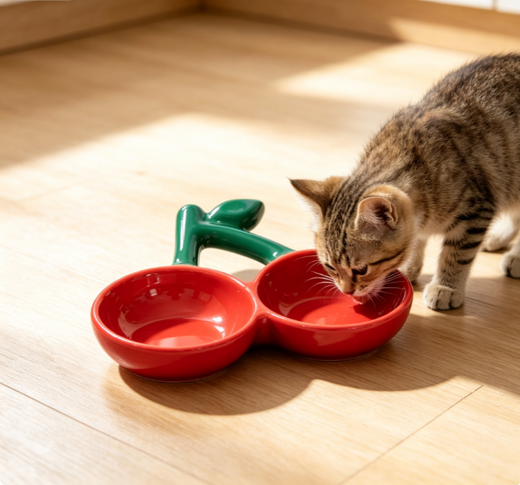 Adorable Cherry-Shaped Two-Compartment Ceramic Pet Bowl