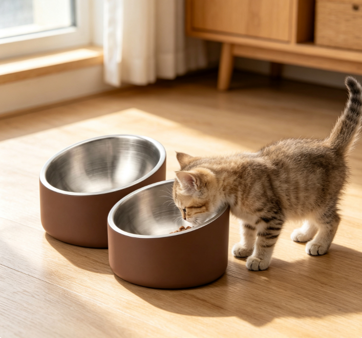 Double-Pack Matte Brown Stainless Steel Pet Bowls, Non-Slip, Separable Feeding Bowls