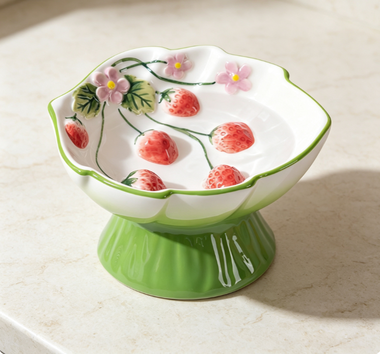 3D Strawberry Relief Ceramic Pet Bowl