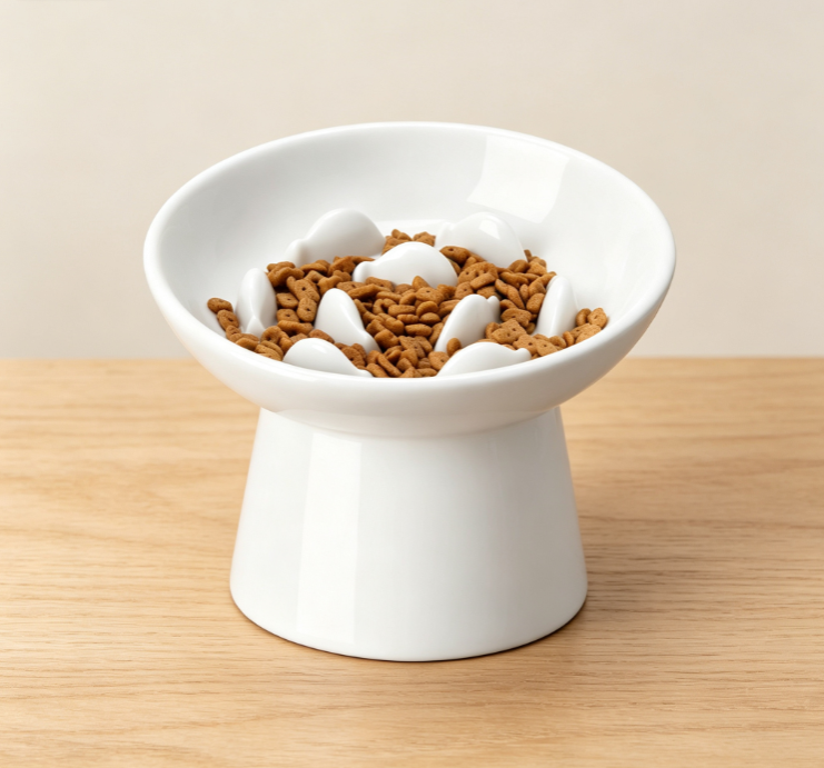 Elevated Slow-Feed Ceramic Cat Bowl with Cloud-Shaped Inner Baffle