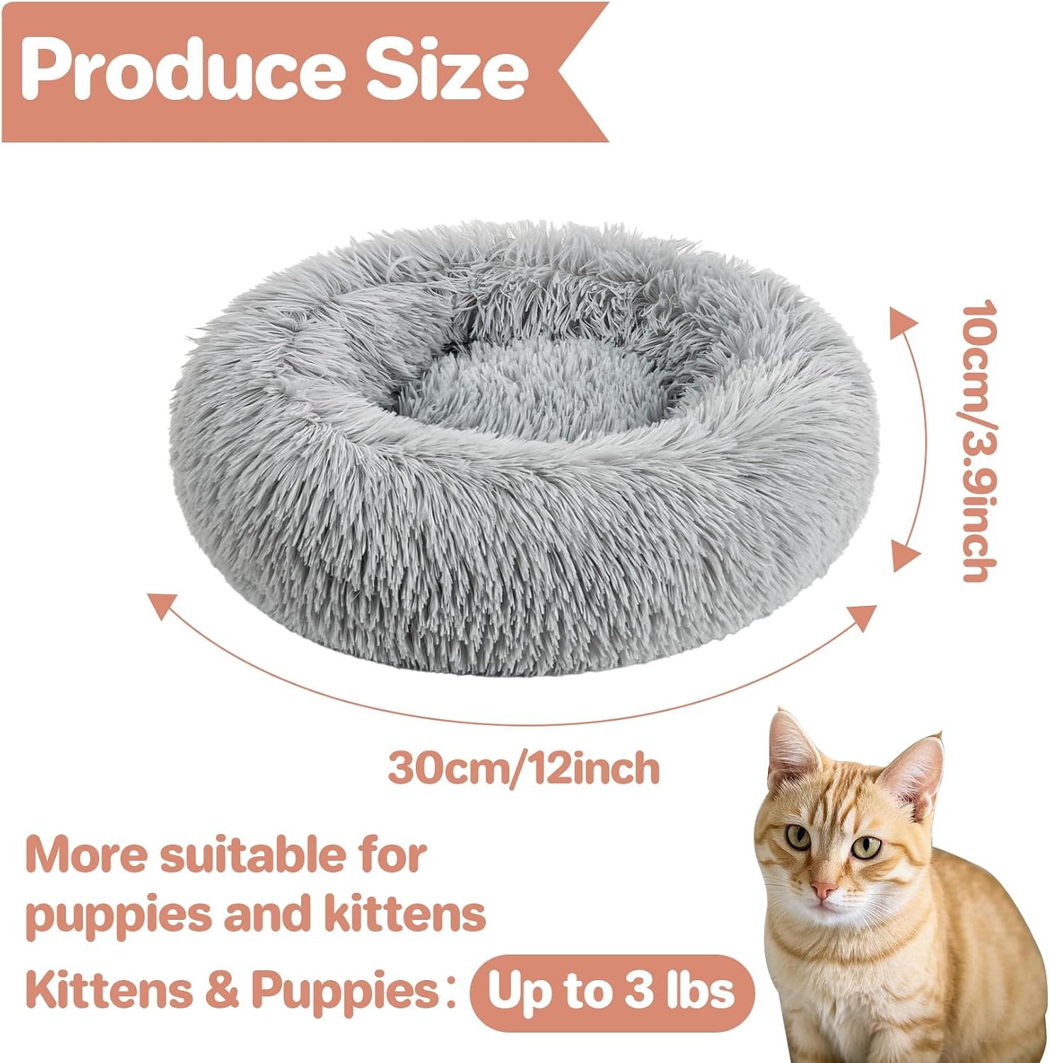 Cat Bed Indoor Calming - Small Washable Plush Donut Bed for Cats | Anti-Slip Faux Fur Fluffy Pet Bed for Indoor Kittens and Puppies, Dog Bed, Soft Round Kitten Bed, Light Grey - Image 2