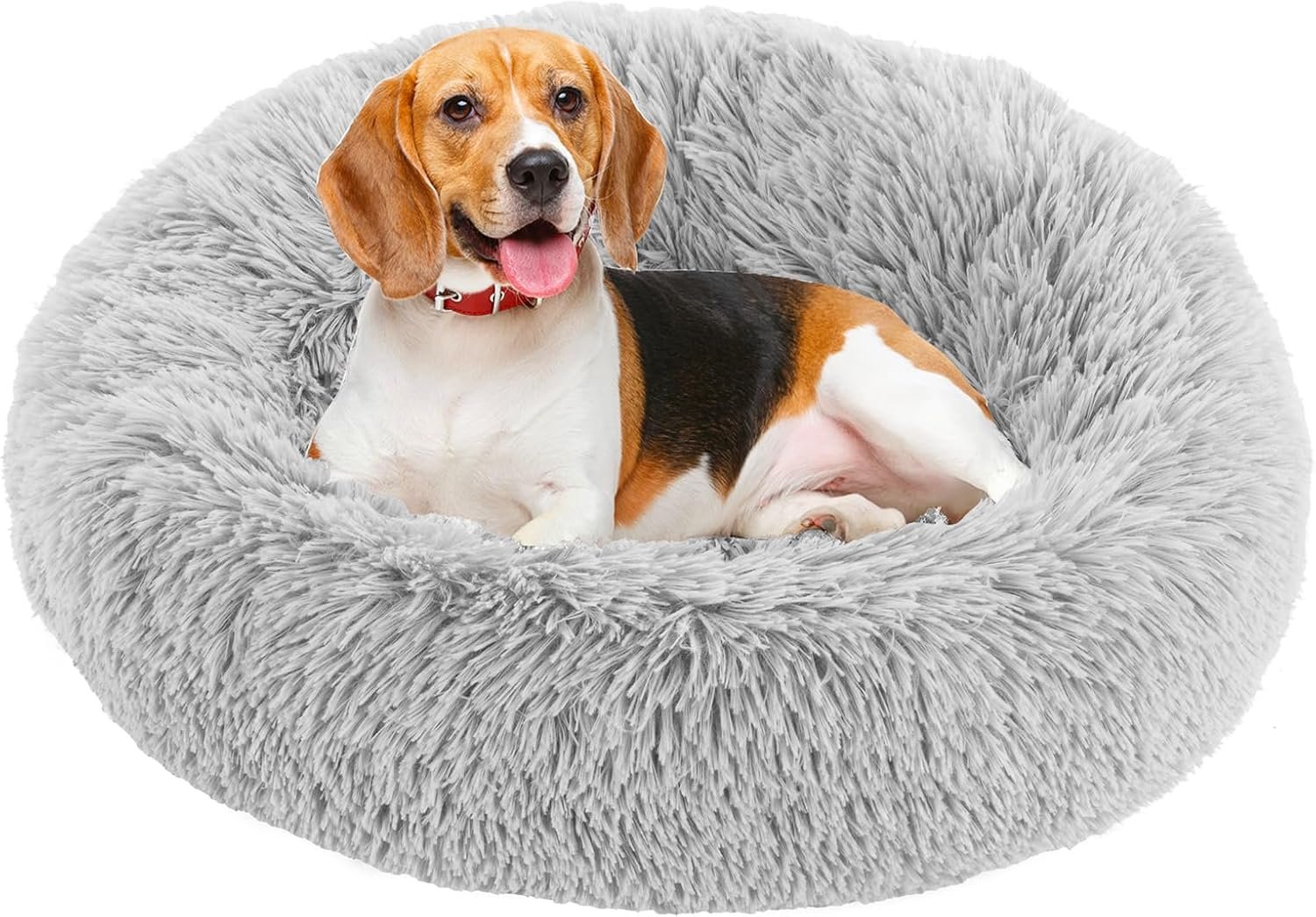 30.7 Inch Large Donut Dog Bed for Indoor Use, Fluffy Faux Fur Plush | Warming Cozy Round Pet Bed, Machine Washable Cuddler, Anti-Slip Bed for Dogs and Cats, Grey