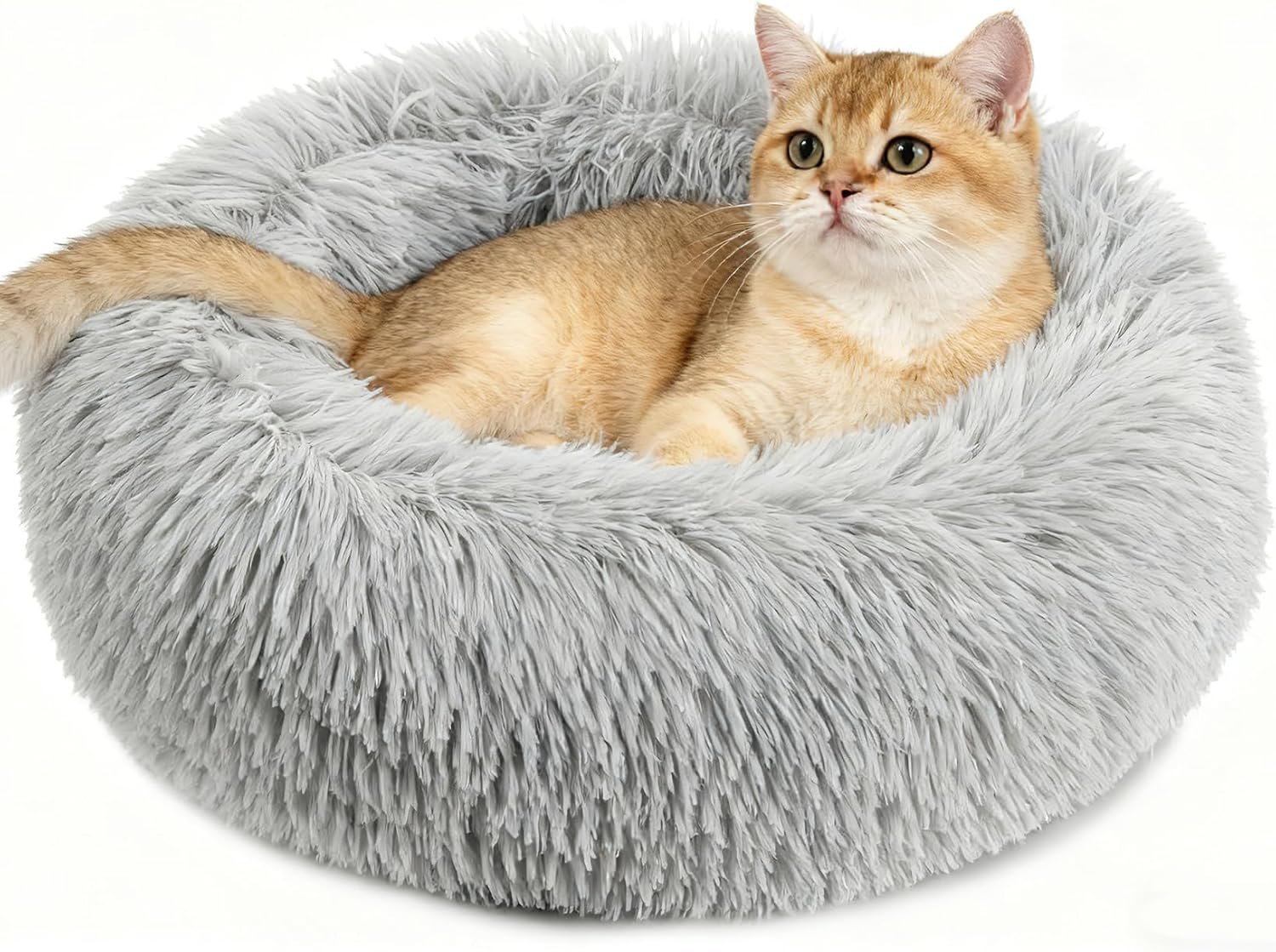 Cat Bed Indoor Calming - Small Washable Plush Donut Bed for Cats | Anti-Slip Faux Fur Fluffy Pet Bed for Indoor Kittens and Puppies, Dog Bed, Soft Round Kitten Bed, Light Grey