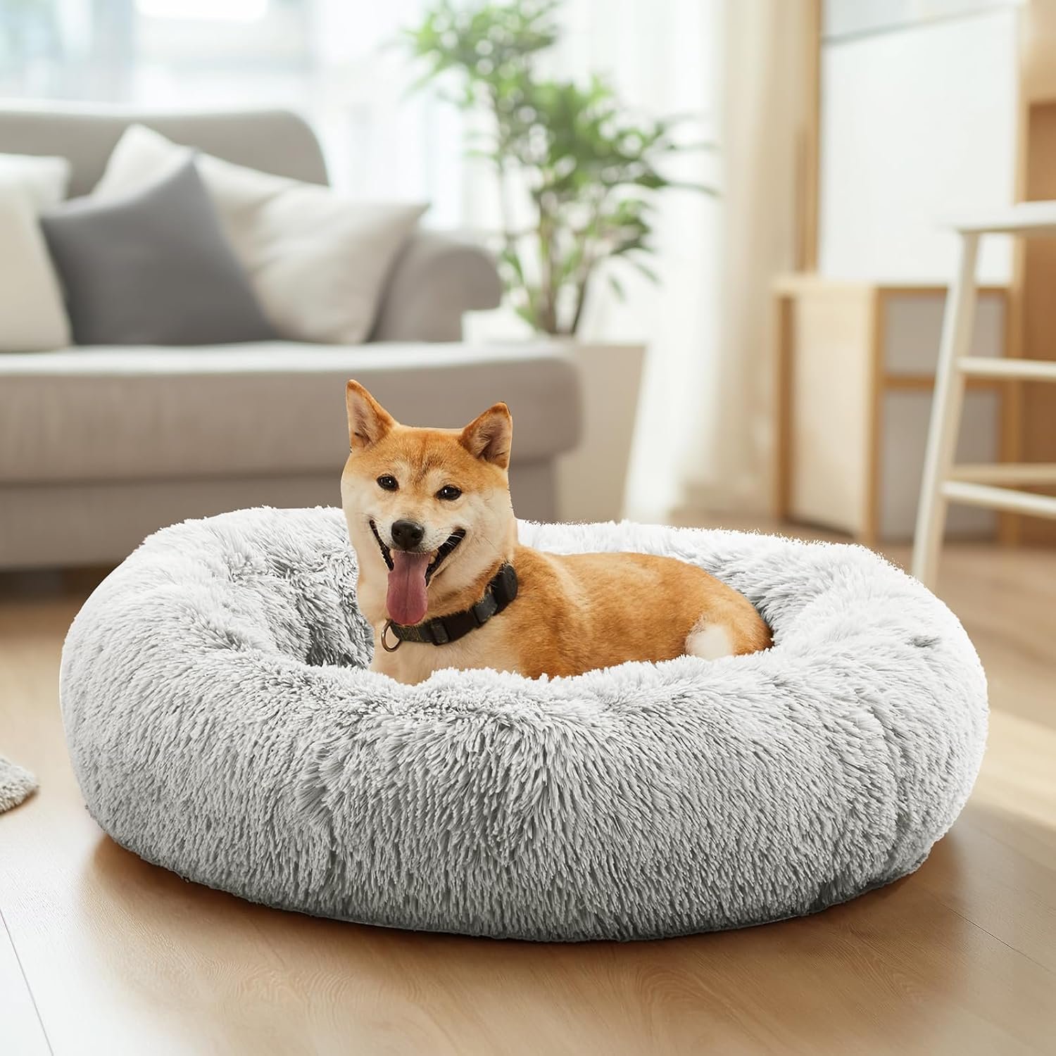 30.7 Inch Large Donut Dog Bed for Indoor Use, Fluffy Faux Fur Plush | Warming Cozy Round Pet Bed, Machine Washable Cuddler, Anti-Slip Bed for Dogs and Cats, Grey - Image 2