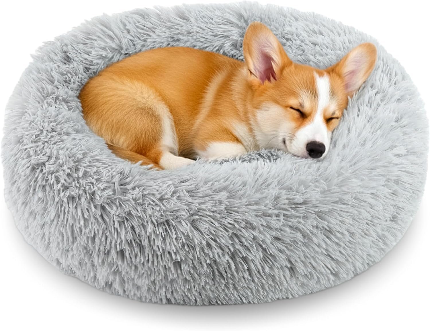 Calming Donut Dog and Cat Bed for Indoor Cats, Anti-Anxiety Round Fluffy Soft Washable Small Pet Bed for Puppy and Kitten, Warming Comfortable Luxury Anti-Slip Waterproof Mute Base 20in Gray
