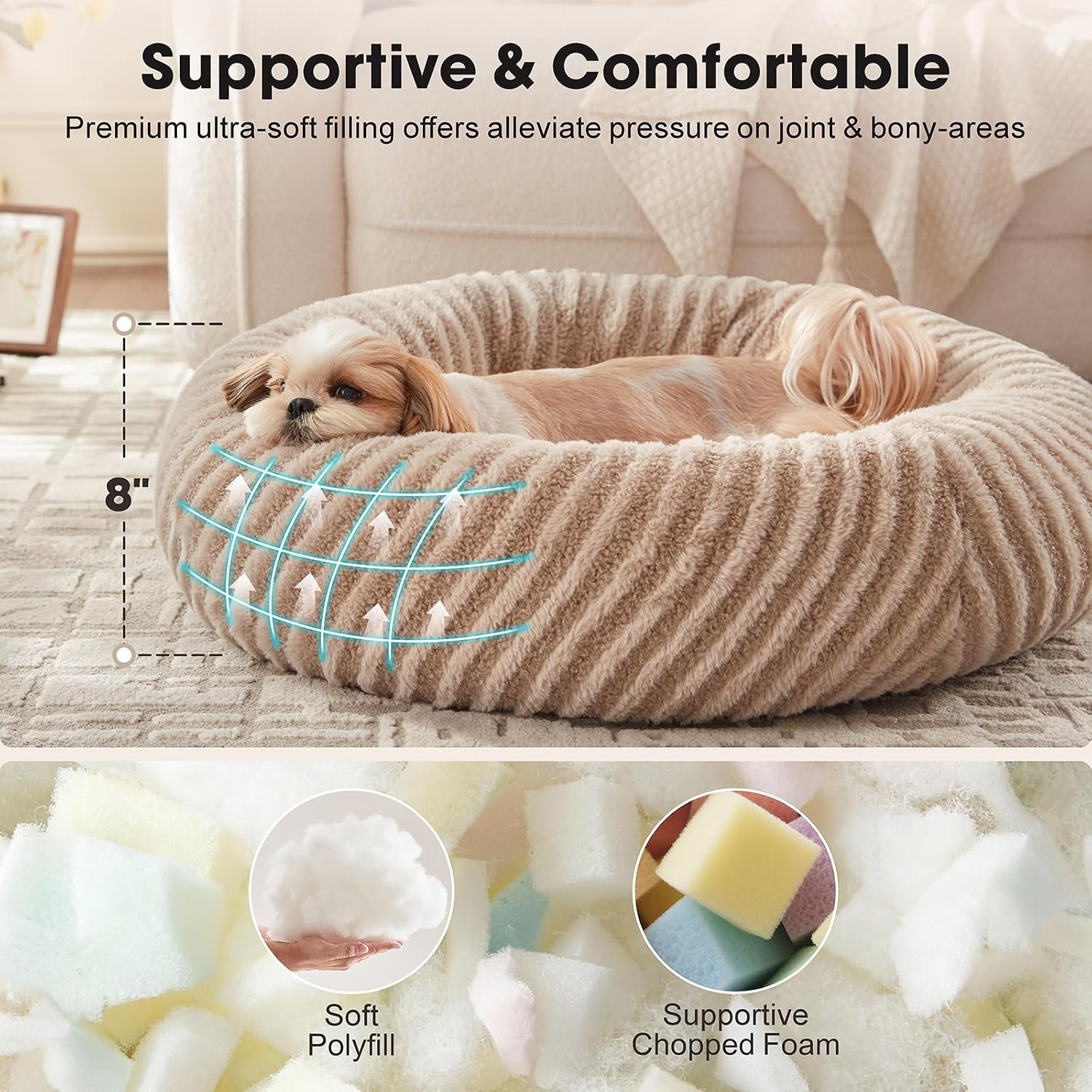 Dog Beds for Small Dogs Cats, Washable Small Dog Bed with Removable Cover, Donut Cat Bed for Indoor Cats, Calming Fluffy Round Pet Beds with Anti Slip Bottom, Cute Puppy Beds, 23"x23"x8", Beige - Image 2