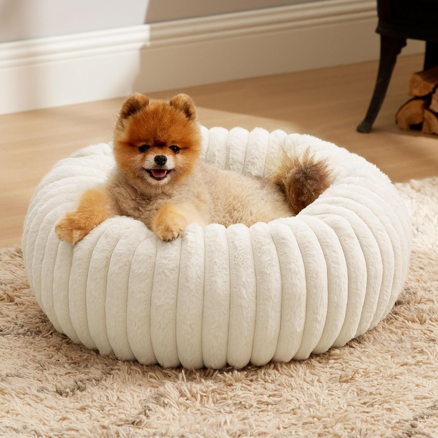 Donut Small Dog Bed with Removable Washable Cover | 23x23x7in, Calming Round Cat Beds for Indoor Cats, Support Plush Puppy Bed, Corduroy Fleece,Anti Slip Bottom,Cream