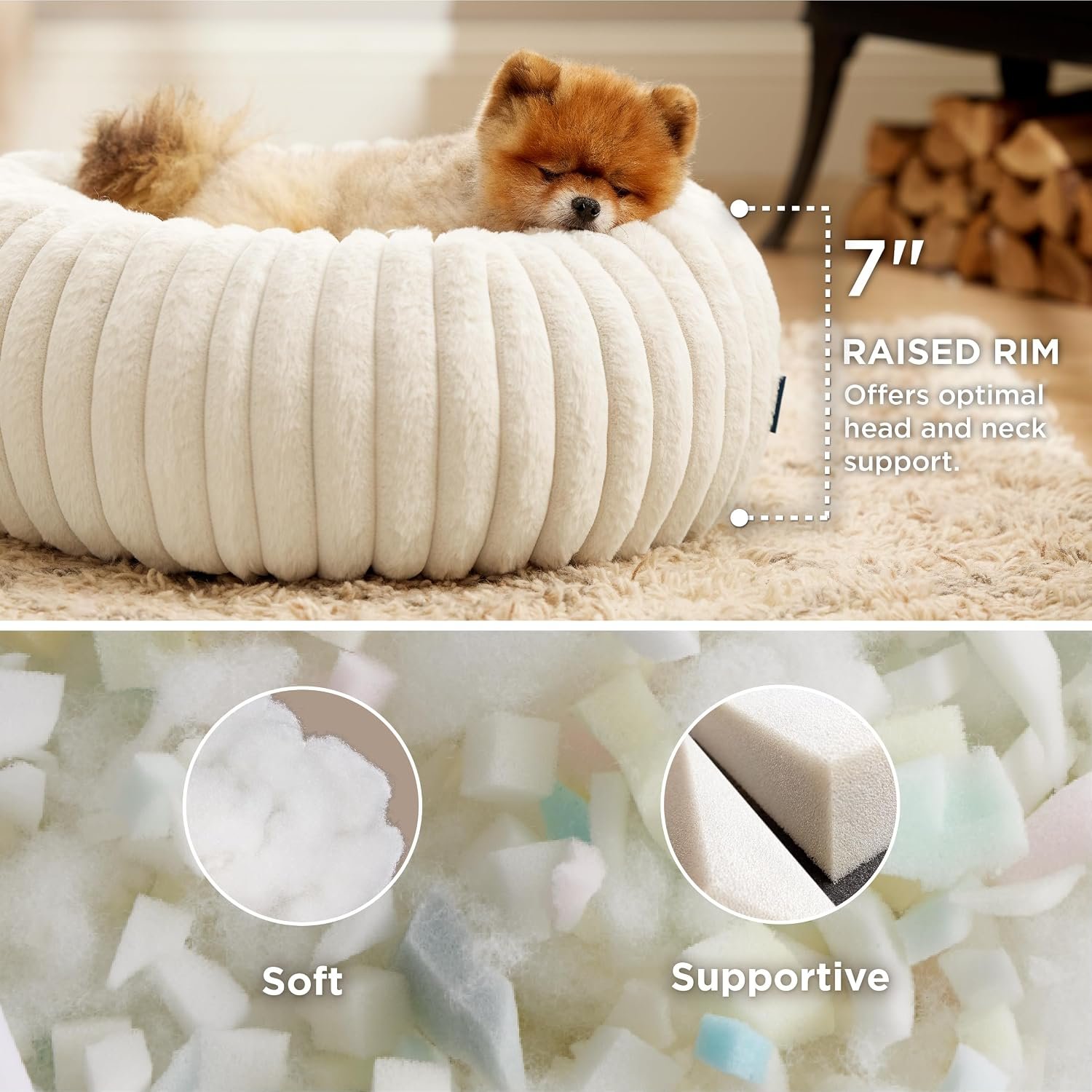 Donut Small Dog Bed with Removable Washable Cover | 23x23x7in, Calming Round Cat Beds for Indoor Cats, Support Plush Puppy Bed, Corduroy Fleece,Anti Slip Bottom,Cream - Image 2