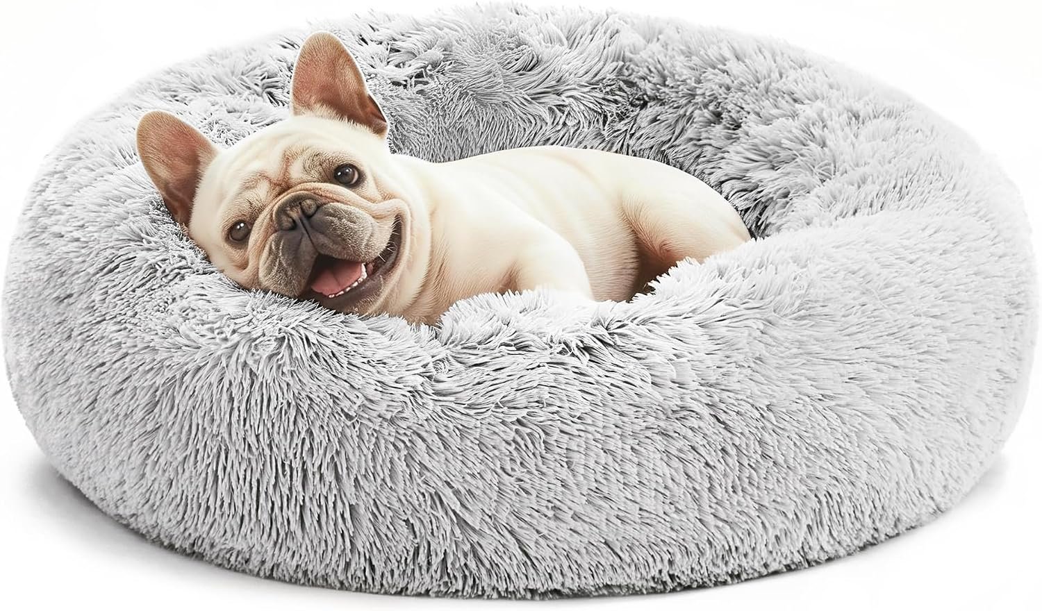 Calming Cat Bed for Indoor Cats, Anti-Anxiety Donut Round Dog Bed, Fluffy Faux Fur Washable Pet Bed for Small Medium Dogs and Cats, Grey, 20in