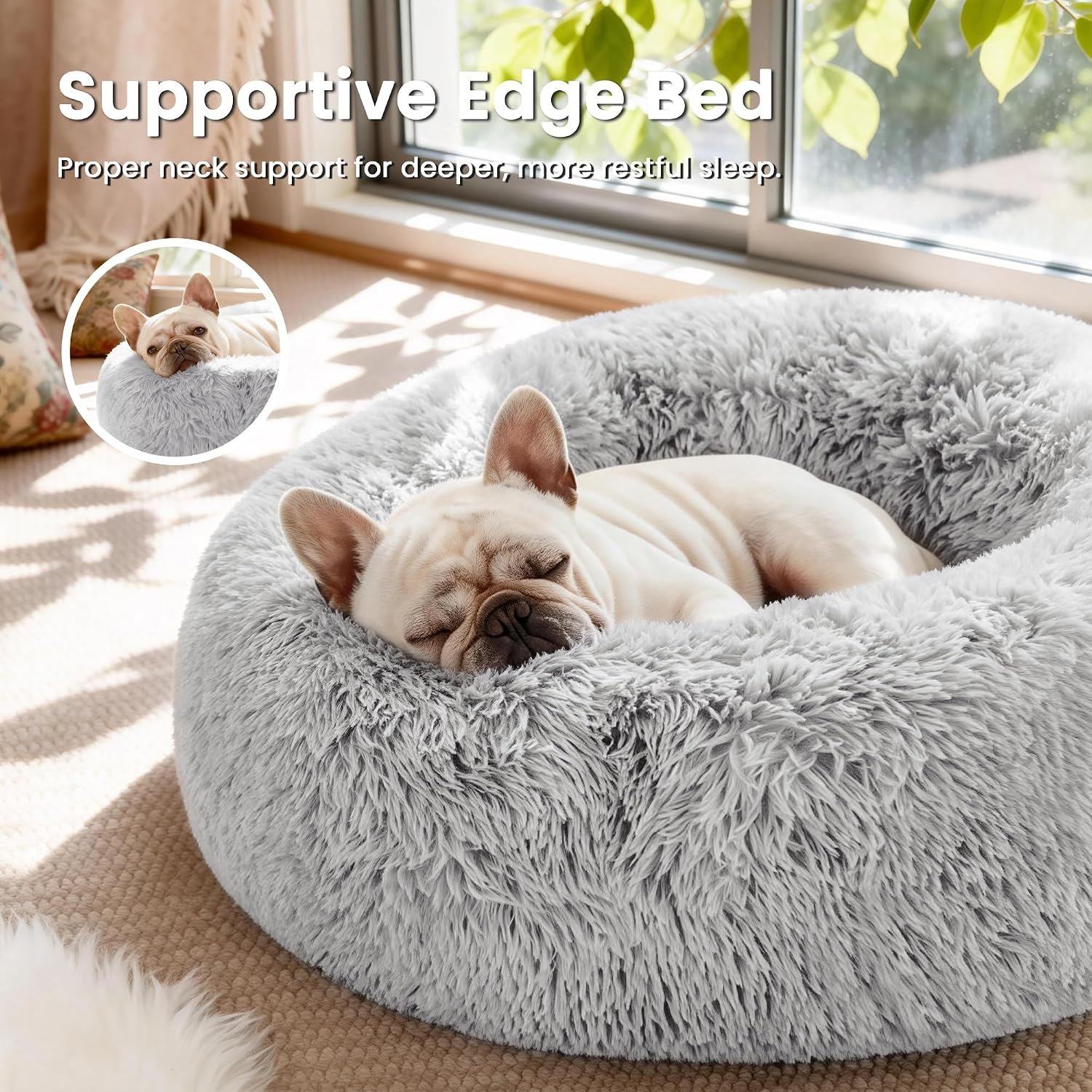 Calming Cat Bed for Indoor Cats, Anti-Anxiety Donut Round Dog Bed, Fluffy Faux Fur Washable Pet Bed for Small Medium Dogs and Cats, Grey, 20in - Image 2
