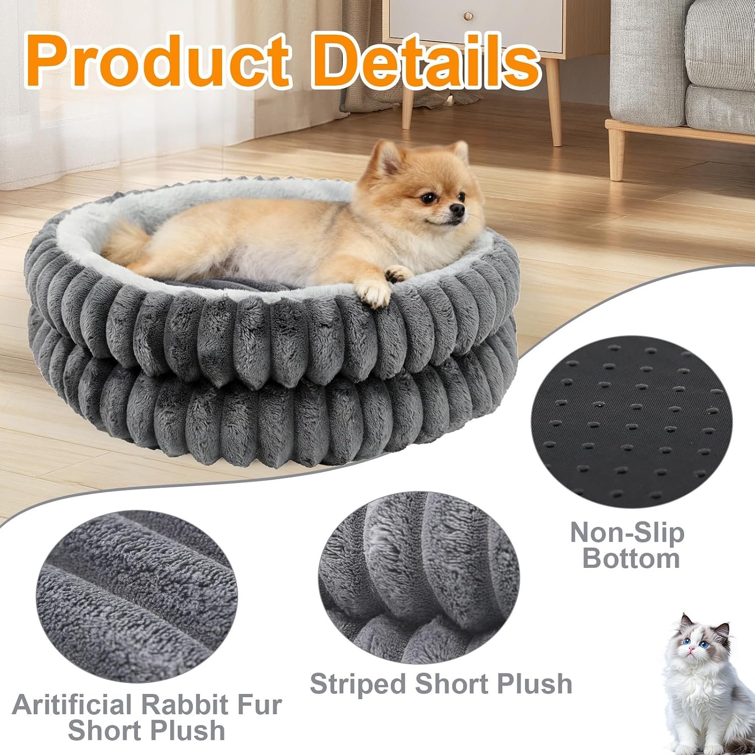 Cat Beds for Indoor Cats,Washable Round Donut Dog Bed(Grey,S) | Cute Fluffy Puppy Dogs Beds for Small Dogs Cat Bed with Anti-Slip Bottom,Round Dog Cat Beds for Indoor Cats - Image 2