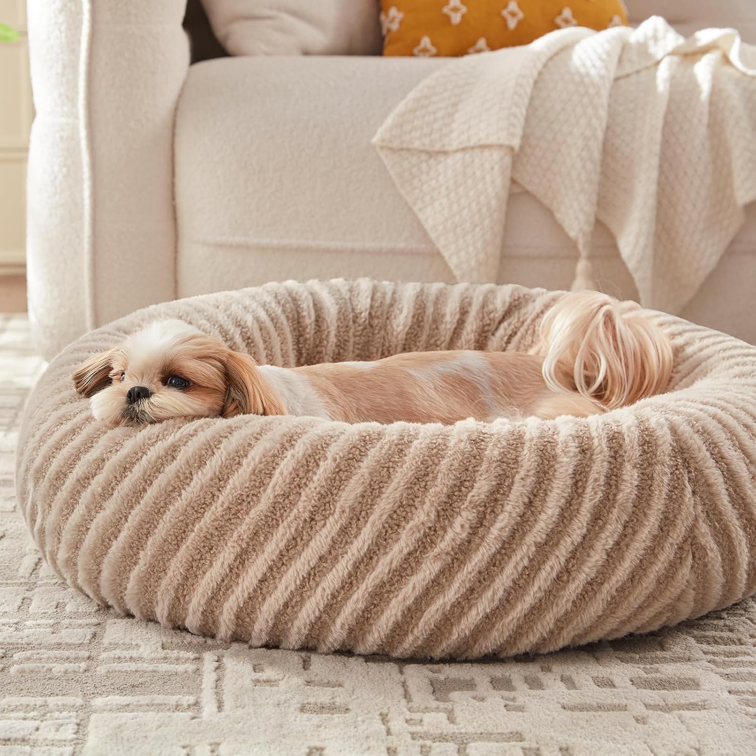 Dog Beds for Small Dogs Cats, Washable Small Dog Bed with Removable Cover, Donut Cat Bed for Indoor Cats, Calming Fluffy Round Pet Beds with Anti Slip Bottom, Cute Puppy Beds, 23"x23"x8", Beige
