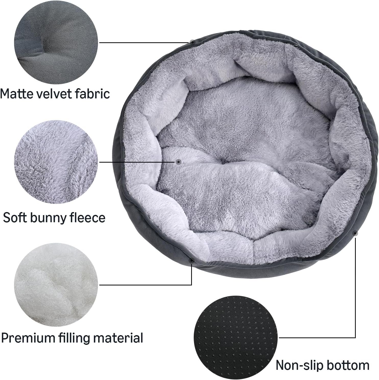 Round Dog Bed for Small Dogs, Cat Beds for Indoor Cats, Washable Puppy Bed with Soft Plush Cushion, Anti-Slip Bottom, 20x19x6 Inches, Gray - Image 2