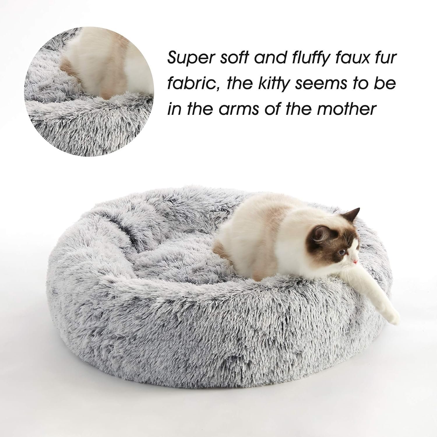 Calming Soft Round Dog &Cat Bed Small Dog Bed Washable,20" | Fluffy Faux Fur Cuddler,Anti-Anxiety,Anti-Slip Bottom,Self-Warming Bed for Small Dog&Kitten&Puppy,Up to 12 LBS Light Grey - Image 2