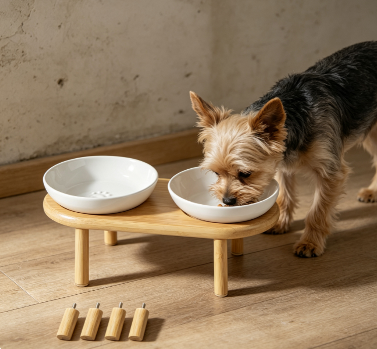 Bamboo Wood Stand Double Ceramic Bowl Feeding Station - Image 2