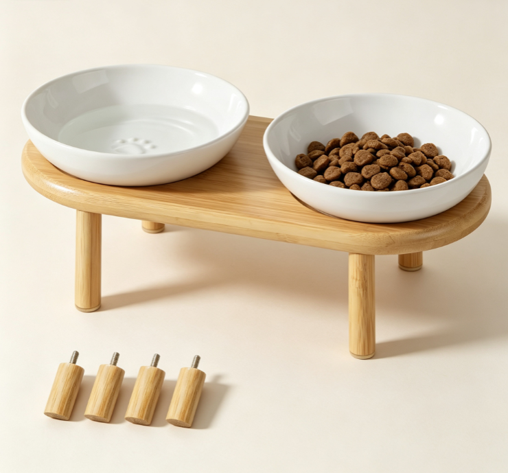 Bamboo Wood Stand Double Ceramic Bowl Feeding Station